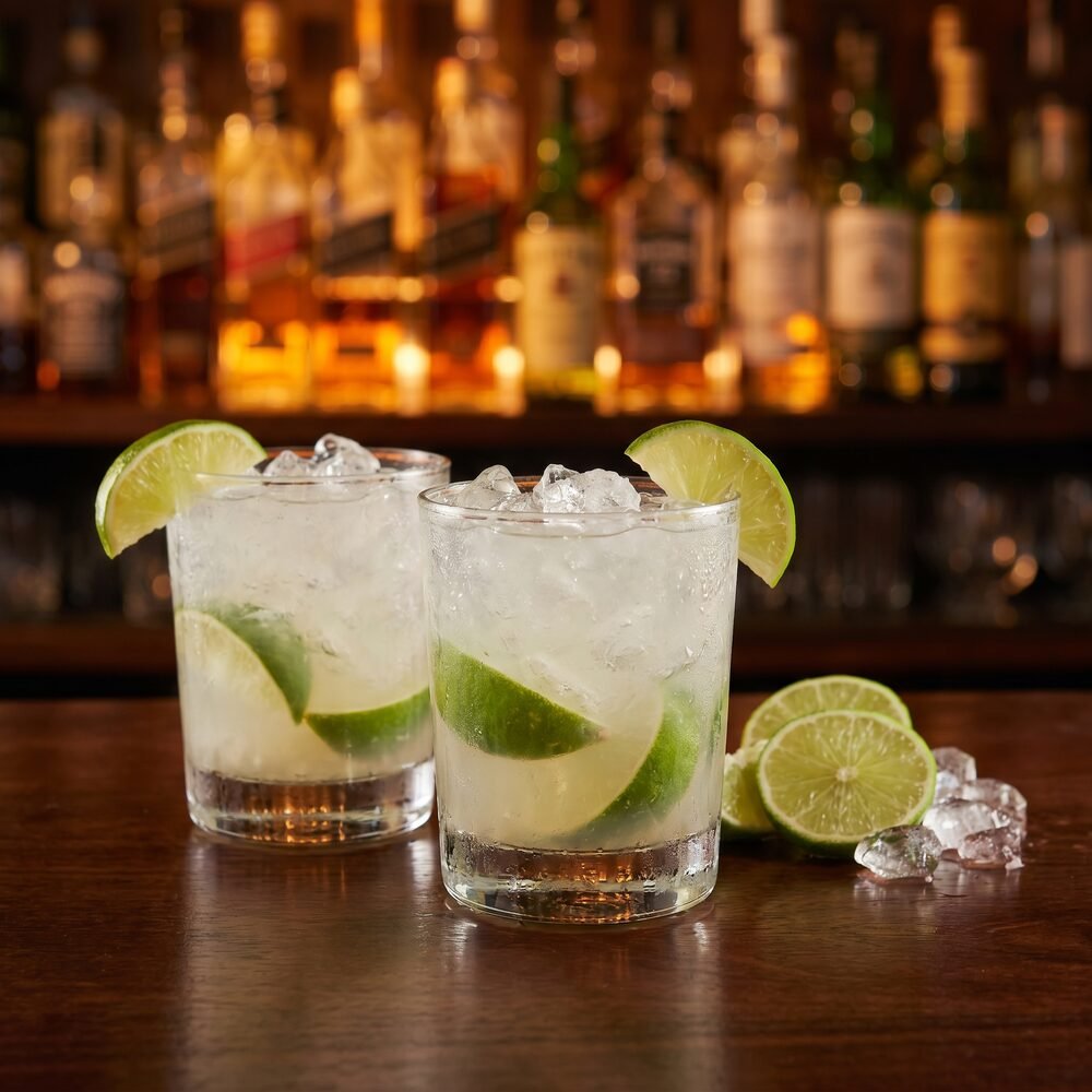 Two caipirinha cocktails with lime on a warm-lit bar