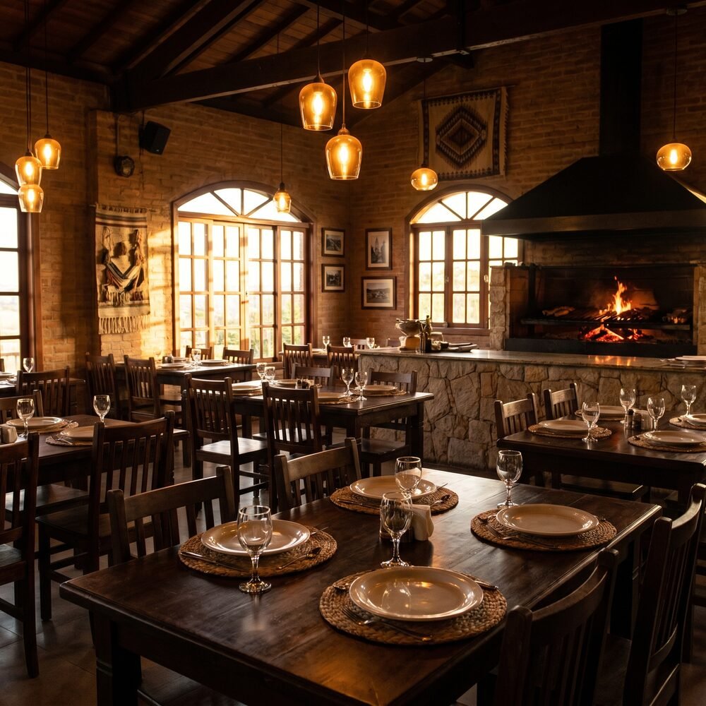 Warm Brazilian steakhouse dining room set for dinner, grill glowing in the background