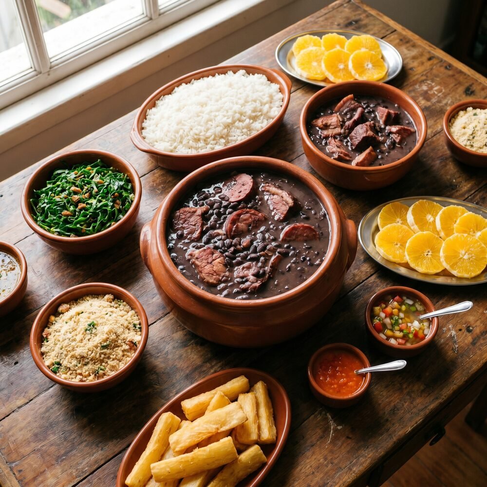 Feijoada spread seen from above: clay pot, rice, collard greens, orange and farofa