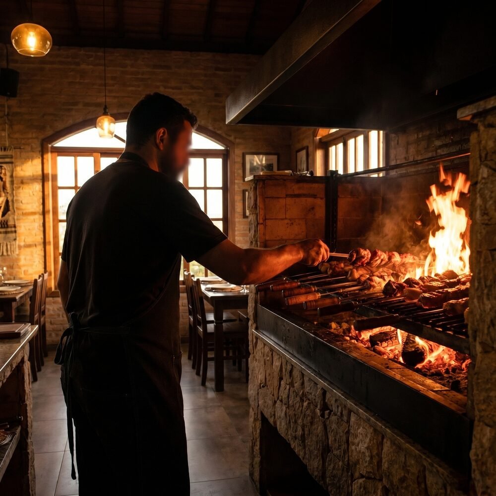 Grill master seen from behind turning skewers over open flames