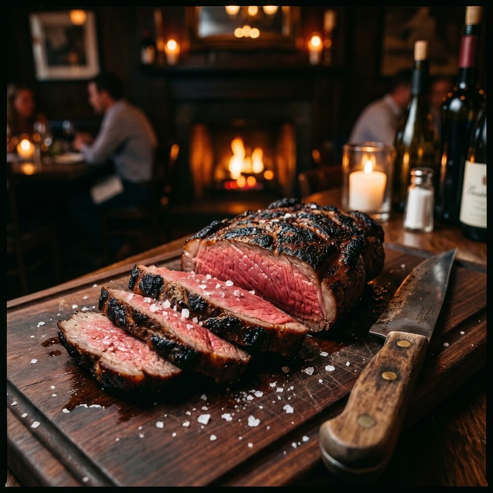 Sliced picanha steak on a wooden board with a charred crust