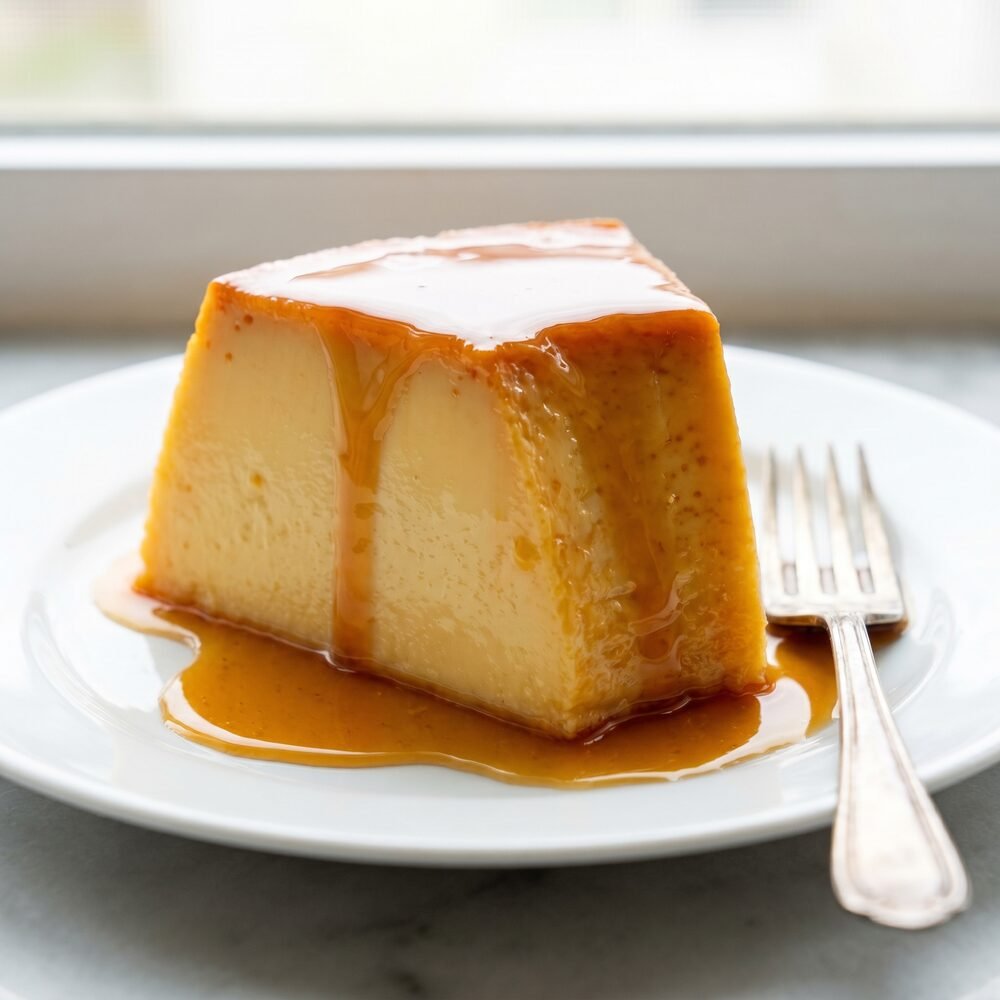 Slice of Brazilian pudim with caramel sauce dripping down the sides