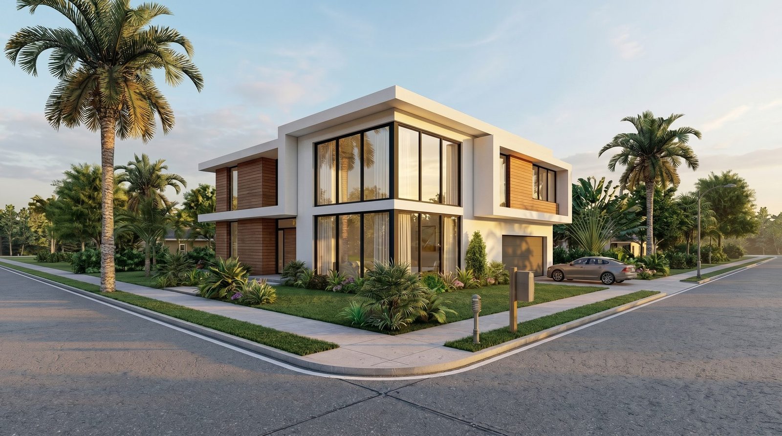 Photorealistic render of the house facade with landscaping