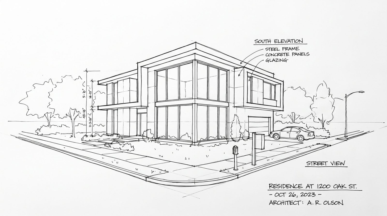 Architectural perspective line drawing of the same house