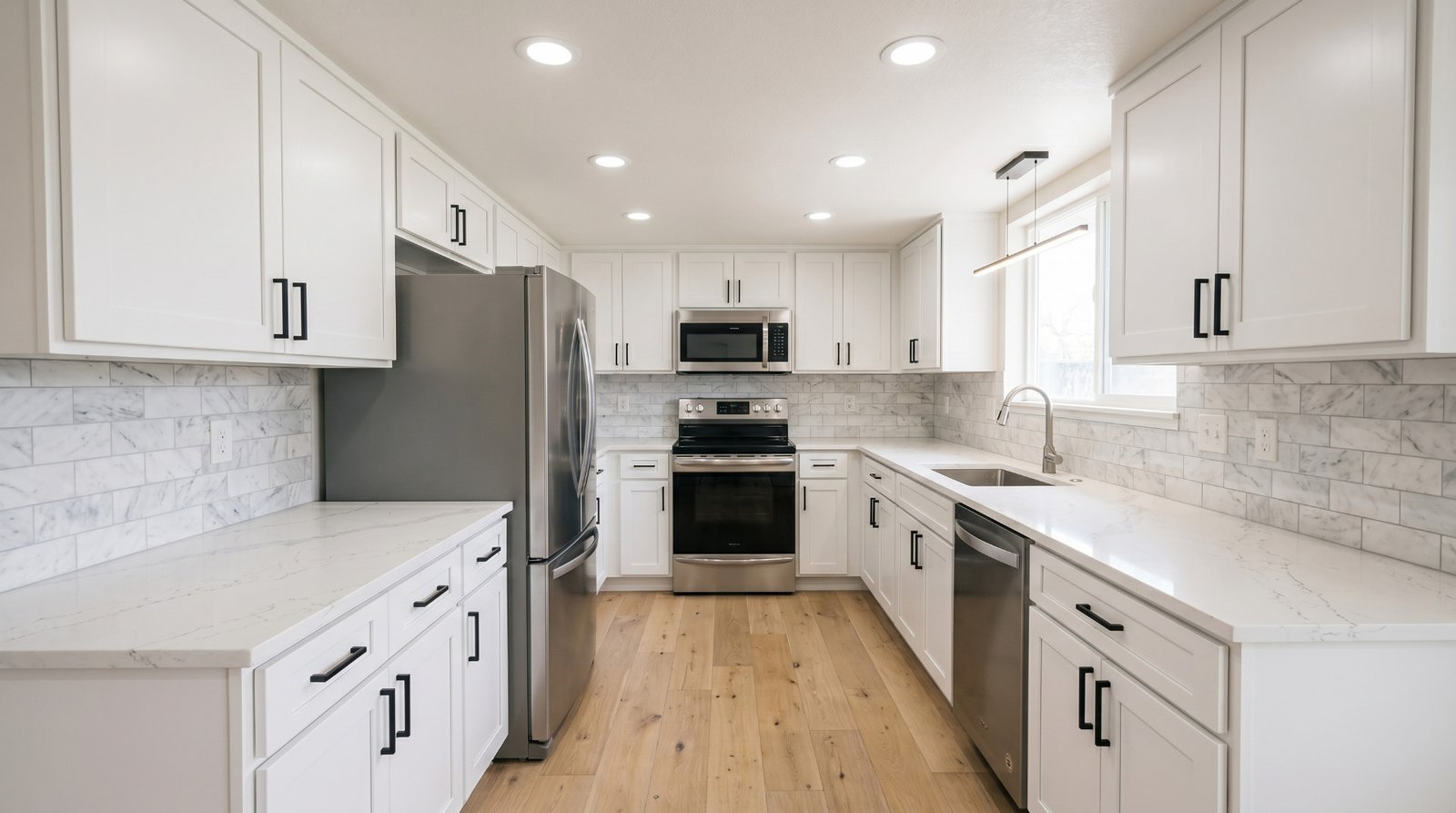 Photorealistic render of the remodeled kitchen with white shaker cabinets and quartz countertops