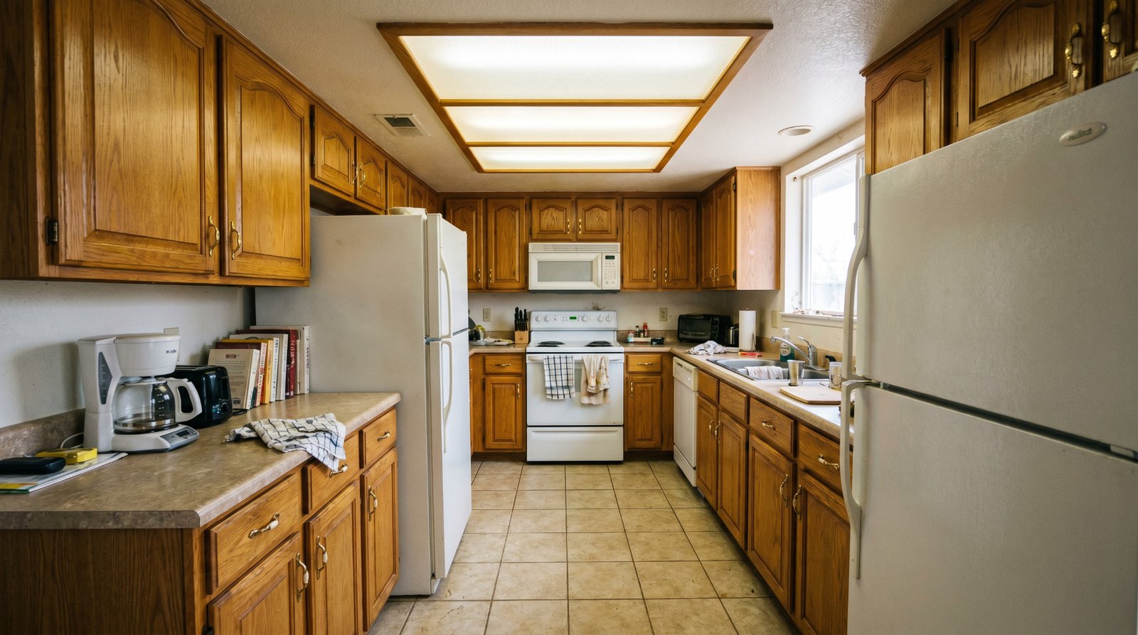 Original photo of a dated kitchen with oak cabinets