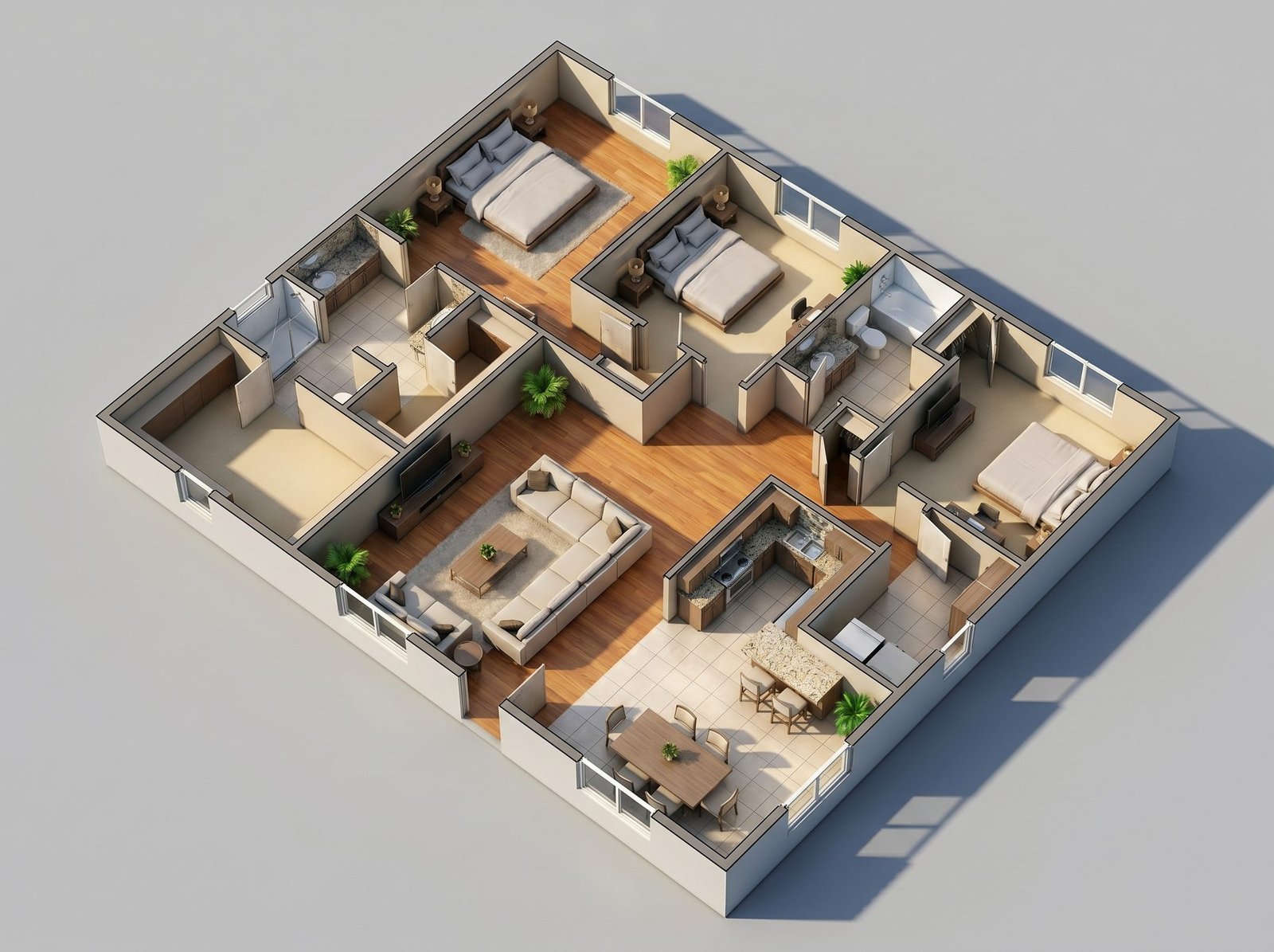 3D isometric cutaway view of the same floor plan, fully furnished
