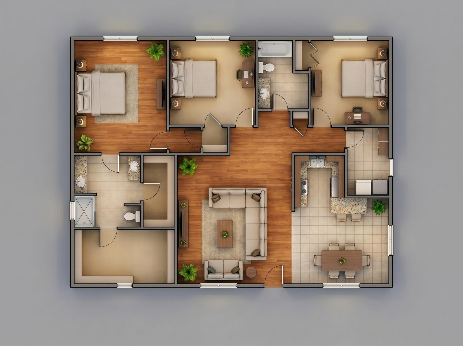 Humanized floor plan with furniture, colors and textures